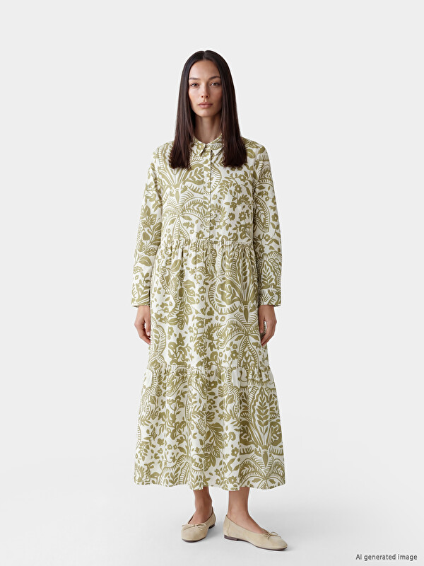 LCWAIKIKI Classic Collared Neck Patterned 100% Cotton Dress