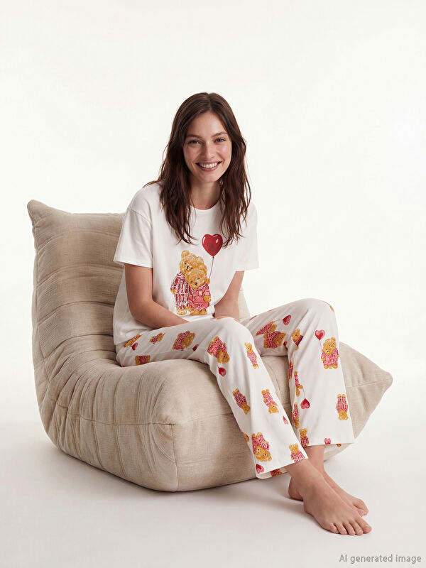 LCW DREAM Bisiklet Yaka Baskılı Kadın Pijama Takım