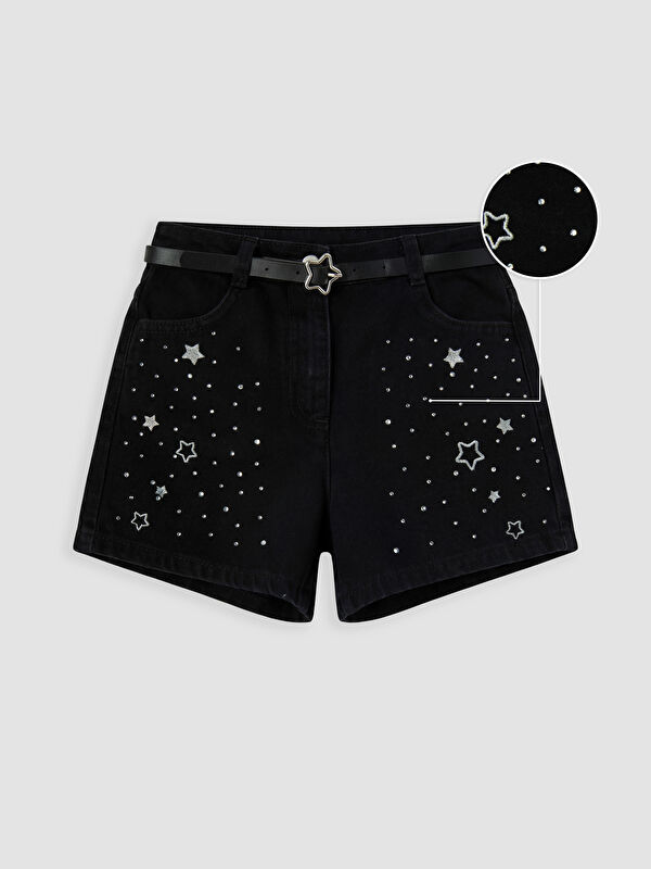 LCW Kids Yüksek Bel Taşlı Kız Çocuk Jean Şort