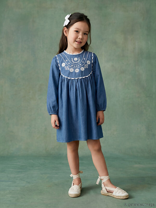 LCW Kids Bebe Yaka Çiçek Nakışlı Kız Çocuk Elbise