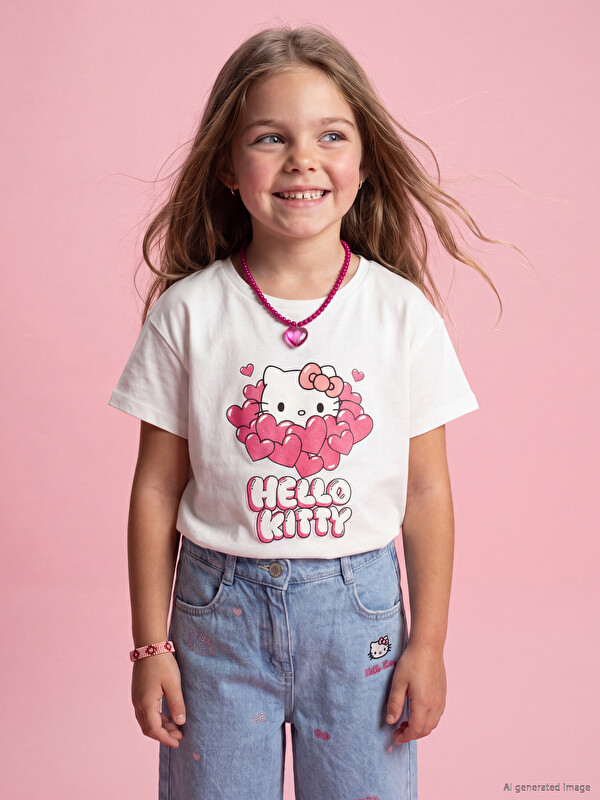 LCW Kids Bisiklet Yaka Hello Kitty Baskılı Kız Çocuk Tişört