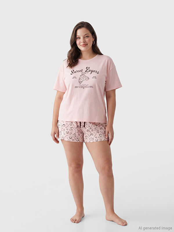 LCW DREAM Bisiklet Yaka Baskılı Kadın Şortlu Pijama Takımı