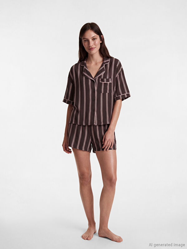 LCW DREAM Gestreiftes Pyjama-Set mit Kragen für Damen mit Shorts