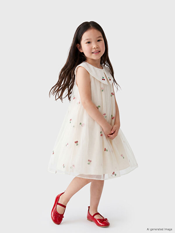 LCW Kids Bebe Yaka Nakışlı Kız Çocuk Prenses Elbisesi