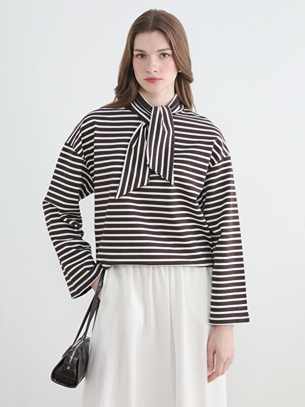 LCW Modest Şal Yaka Çizgili Kadın Sweatshirt Tunik