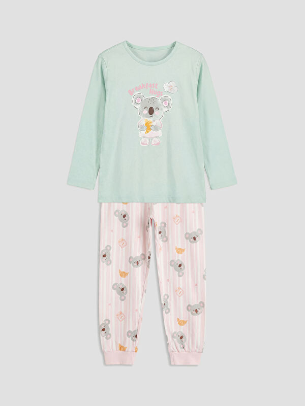 LCW Kids Bisiklet Yaka Baskılı Kız Çocuk Pijama Takım