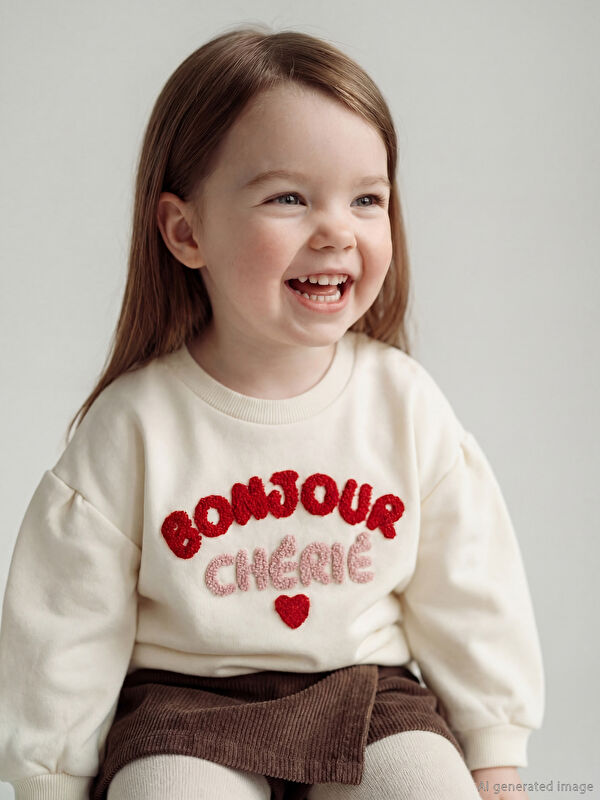 LCW baby Bisiklet Yaka Nakışlı Kız Bebek Sweatshirt