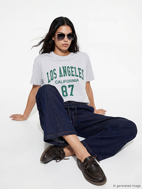 XSIDE Bisiklet Yaka Los Angeles Baskılı Kadın Tişört