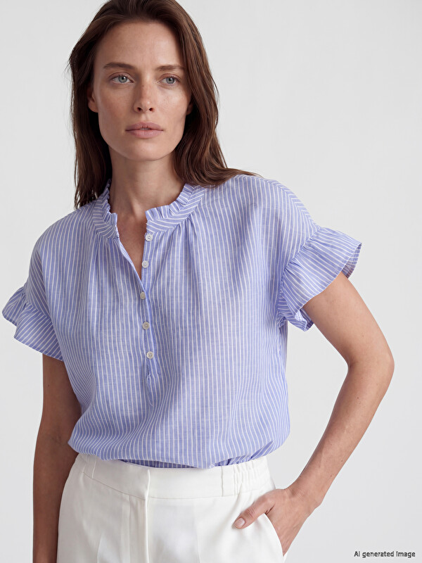 LCW Grace Grandad Collar Striped Frilled Blouse