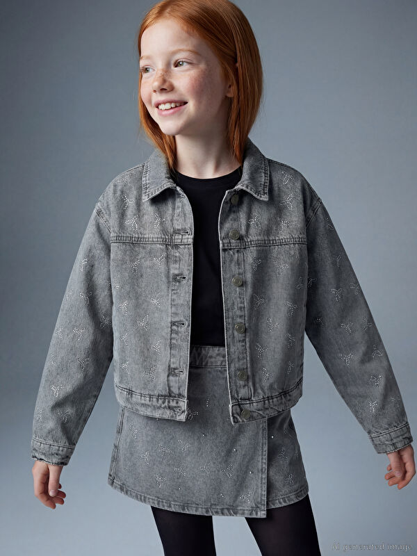 LCW Kids Fiyonk Taşlı Kız Çocuk Jean Ceket