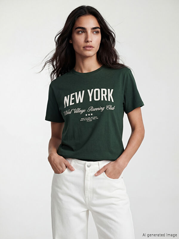 LCW Vision Bisiklet Yaka New York Baskılı Kadın Tişört