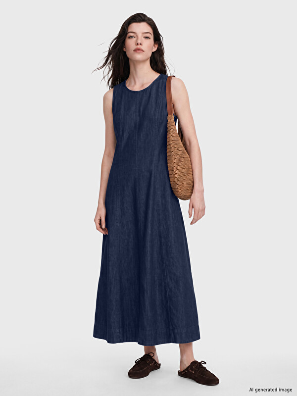 LCW Comfort Τζιν Φόρεμα με Στρογγυλή Λαιμόκοψη και Εφαρμοστή Μέση