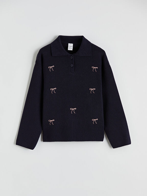LCW Kids Polo Yaka Kurdele Nakışlı Kız Çocuk Triko Kazak