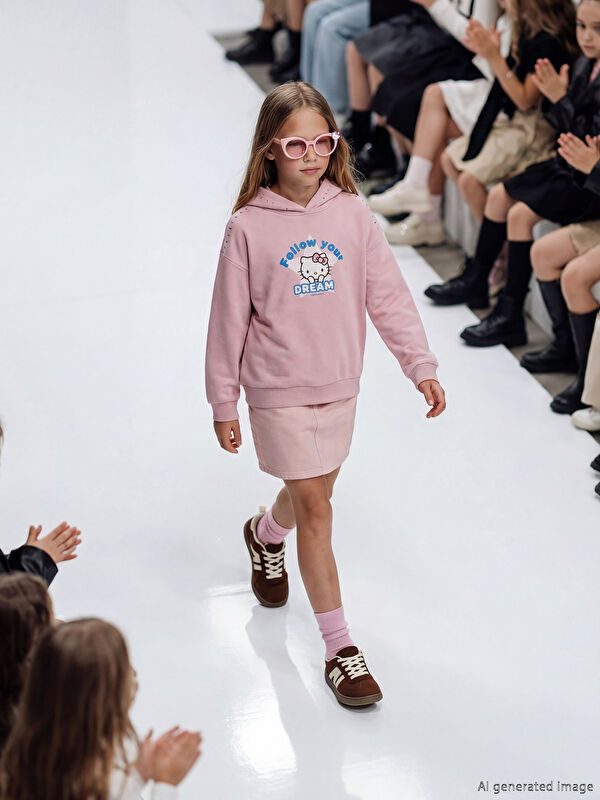 LCW Kids Kapüşonlu Hello Kitty Baskılı Kız Çocuk Sweatshirt