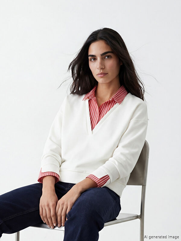 Natuvera Gömlek Yaka Çizgili Kadın Sweatshirt