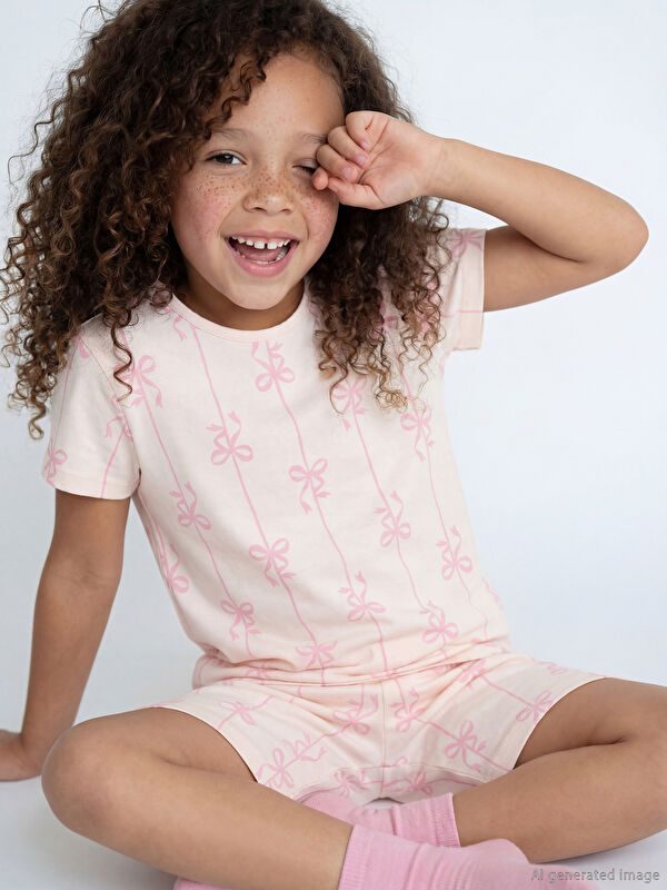 LCW Kids Fiyonk Desenli Kız Çocuk Şortlu Pijama Takımı