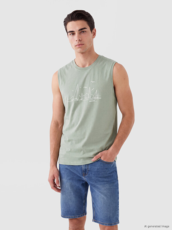 LCWAIKIKI Classic Bisiklet Yaka Standart Fit Baskılı Erkek Kolsuz Tişört