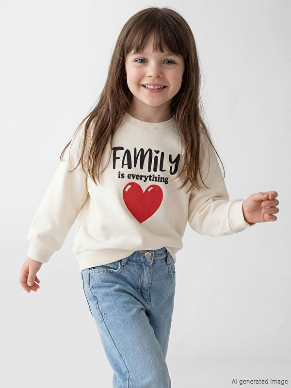 LCW Kids Baskılı Bisiklet Yaka Kız Çocuk Sweatshirt