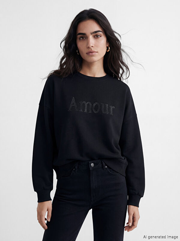 LCW Vision Bisiklet Yaka Taşlı Oversize Kadın Sweatshirt
