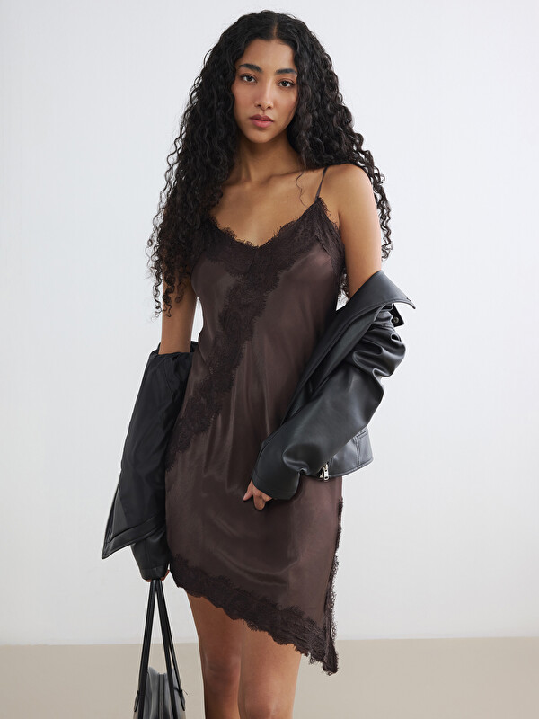 XSIDE Strappy Lace Detailed Satin Mini Dress