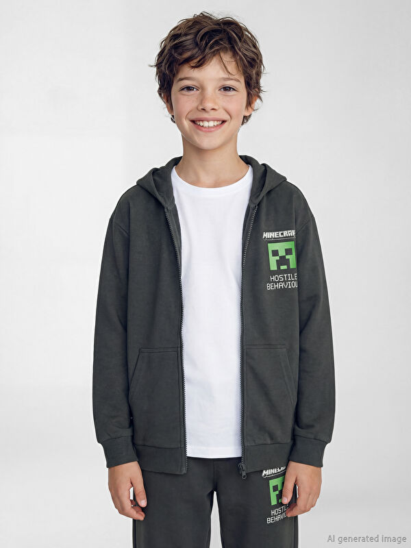 LCW Kids Kapüşonlu Minecraft Baskılı Erkek Çocuk Fermuarlı Sweatshirt