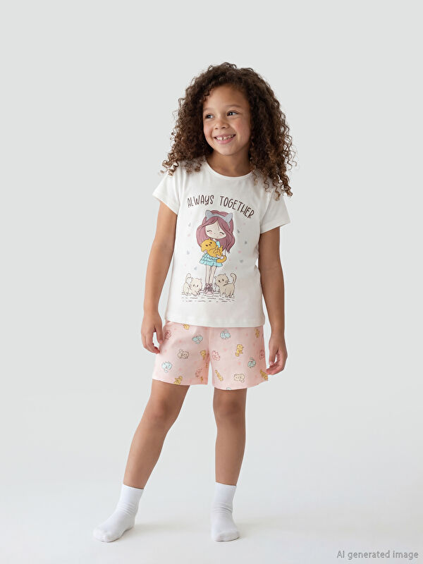 LCW Kids Bisiklet Yaka Baskılı Kız Çocuk Şortlu Pijama Takımı