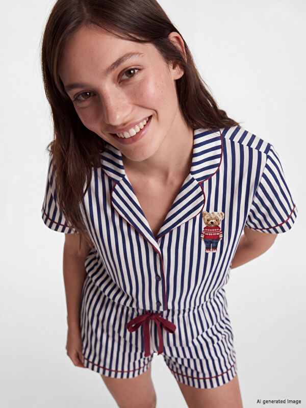 LCW DREAM Gömlek Yaka Çizgili Kadın Şortlu Pijama Takımı
