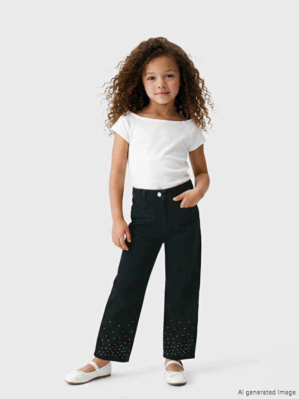 LCW Kids Straight Fit Kız Çocuk Taşlı Jean Pantolon