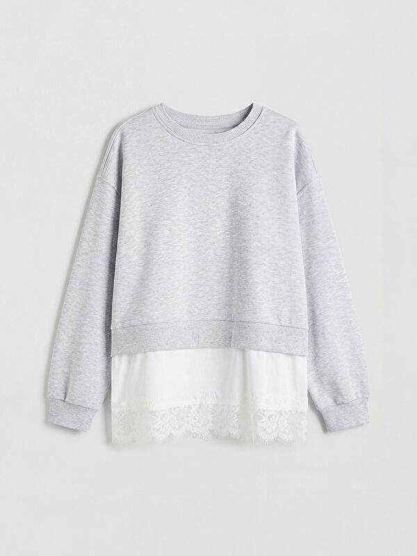 LCW Kids Bisiklet Yaka Dantel Detaylı Kız Çocuk Sweatshirt