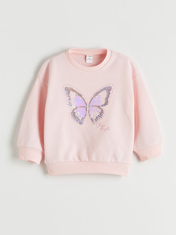 LCW Kids Bisiklet Yaka Pul İşlemeli Kız Çocuk Sweatshirt
