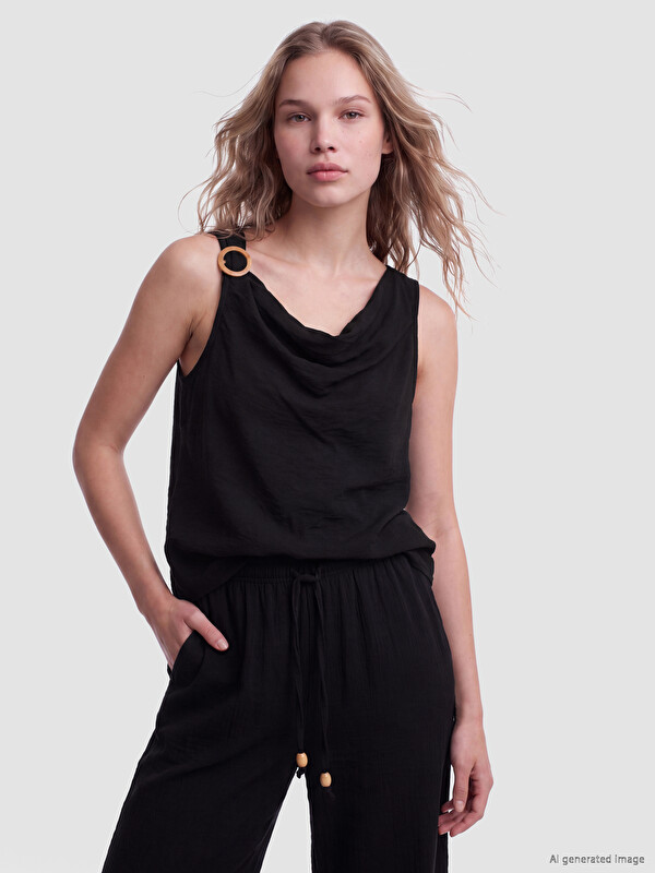 LCW Vision Cowl Neck Buckle Accessorized Blouse