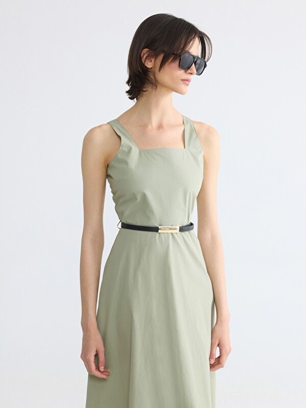 LCWAIKIKI Classic Square Neck Belted Waist Poplin Dress
