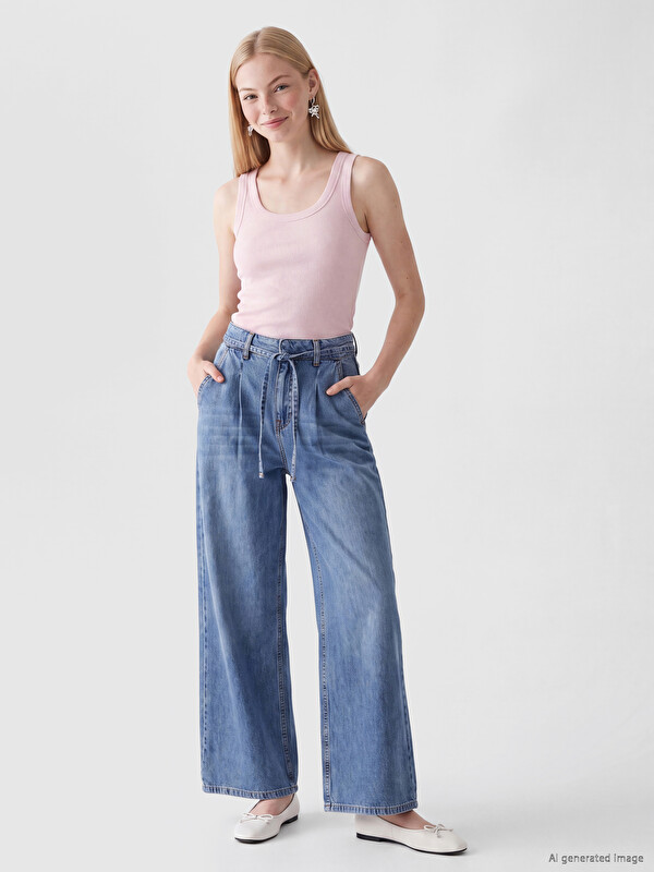 XSIDE Belted Waist Wideleg Women's Jeans