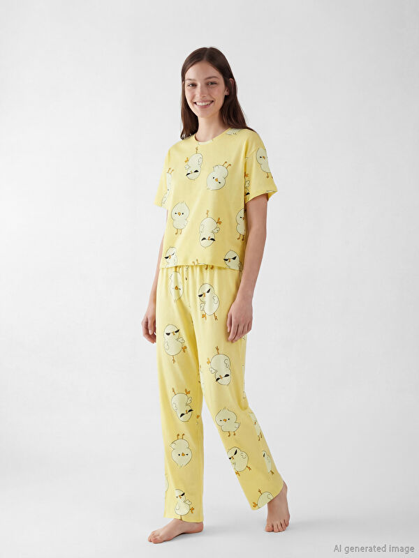 LCW Young Bisiklet Yaka Desenli Kadın Pijama Takım