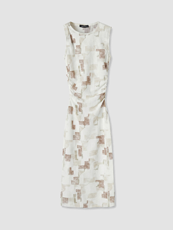 LCW Vision Crew Neck Patterned Ruched Dress
