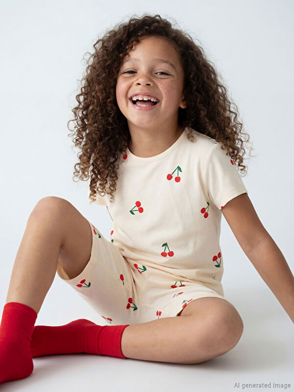 LCW Kids Kiraz Desenli Kız Çocuk Şortlu Pijama Takımı