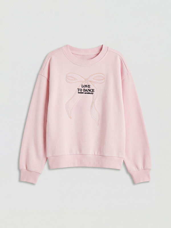 LCW Kids Bisiklet Yaka Nakışlı Kız Çocuk Sweatshirt