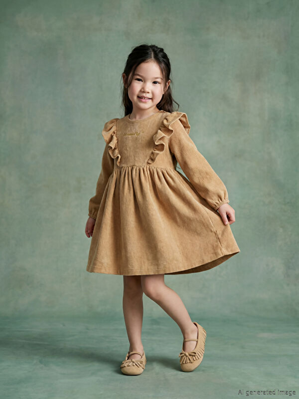 LCW Kids Fırfırlı Kız Çocuk Fitilli Kadife Elbise