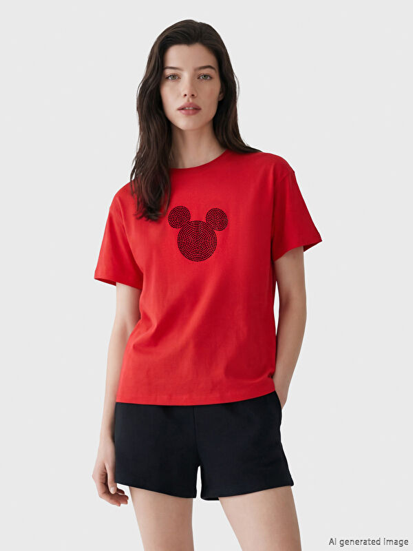 LCW Comfort Bisiklet Yaka Mickey Mouse Baskılı Kadın Tişört