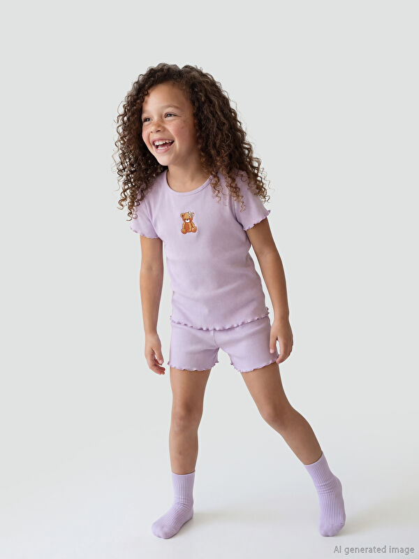 LCW Kids Bisiklet Yaka Nakışlı Kız Çocuk Fitilli Şortlu Pijama Takımı