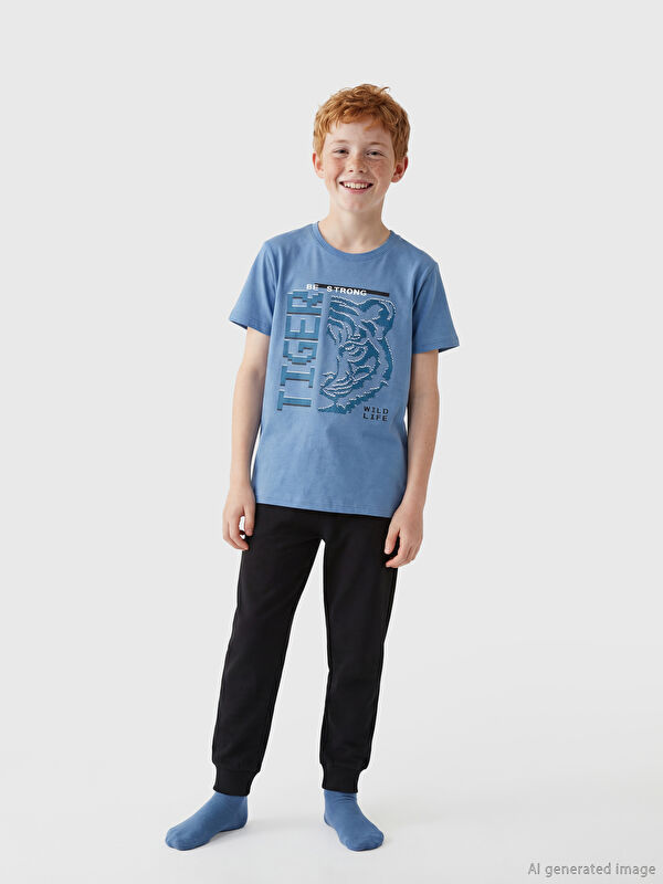 LCW Kids Bisiklet Yaka Baskılı Erkek Çocuk Pijama Takım