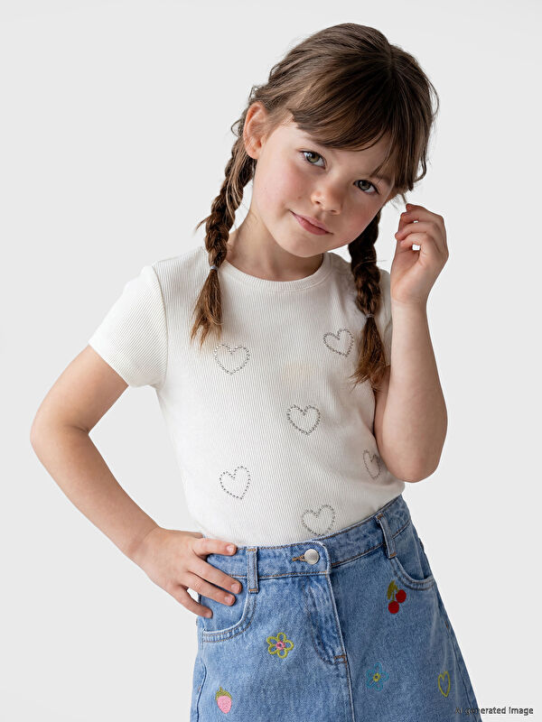 LCW Kids Taşlı Kalp Desenli Kız Çocuk Fitilli Tişört