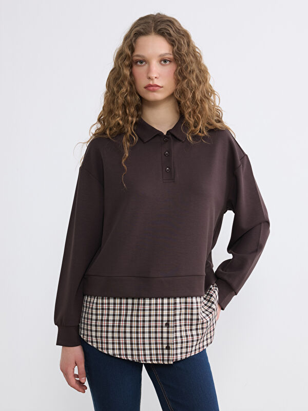 LCW Modest Gömlek Yaka Ekoseli Kadın Sweatshirt Tunik