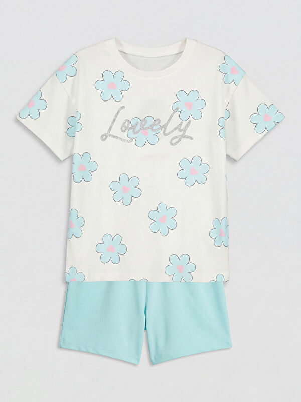 LCW Kids Simli Çiçekli Kız Çocuk Şortlu Takım