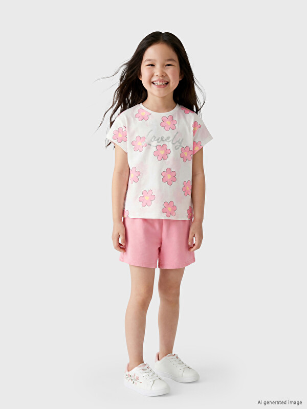 LCW Kids Simli Çiçekli Kız Çocuk Şortlu Takım
