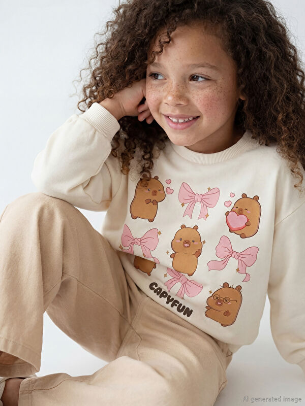 LCW Kids Bisiklet Yaka Capyfun Baskılı Kız Çocuk Sweatshirt