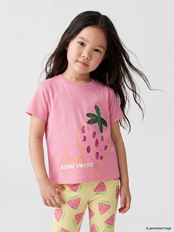 LCW Kids Crew Neck Sequined Girls' T-Shirt