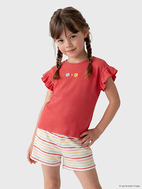 LCW Kids Bisiklet Yaka Nakışlı Kız Çocuk Tişört 2'li