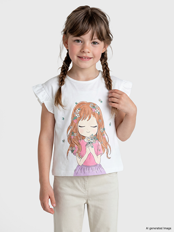 LCW Kids Bisiklet Yaka Baskılı Kız Çocuk Tişört