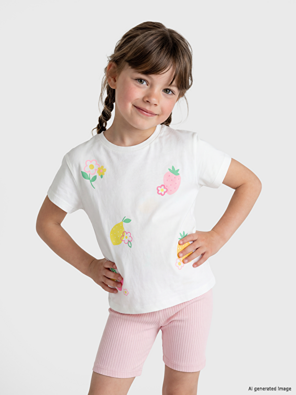 LCW Kids Bisiklet Yaka Baskılı Kız Çocuk Tişört